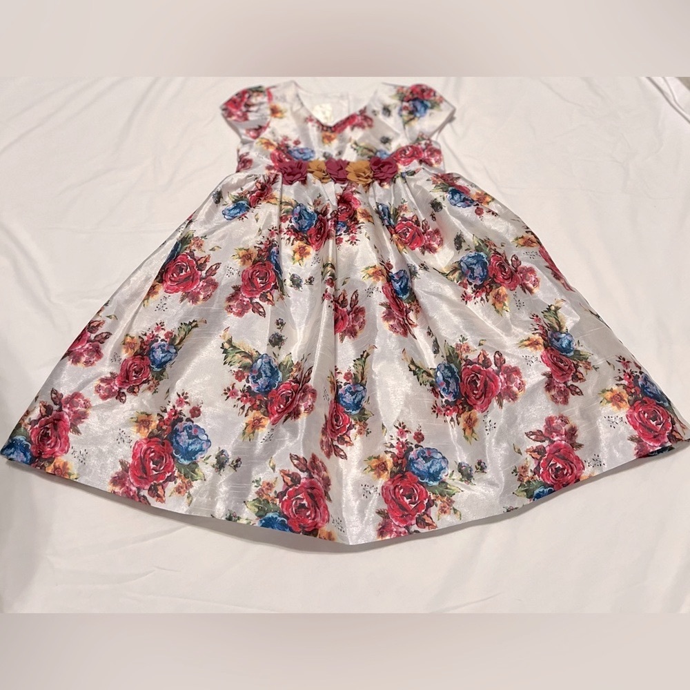 Laura Ashley London Little Girl Red White Blue Satin Gold Floral Party Dress 6X